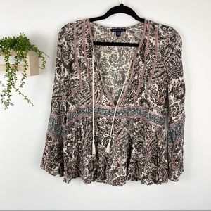 American Eagle boho print shirt velvet trim sz‎ sm